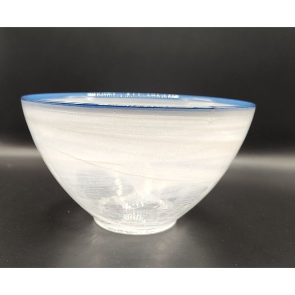 ARDACAM White Swirl Glass Bowl Blue Rim Made in Turkey EUC - Picture 1 of 3